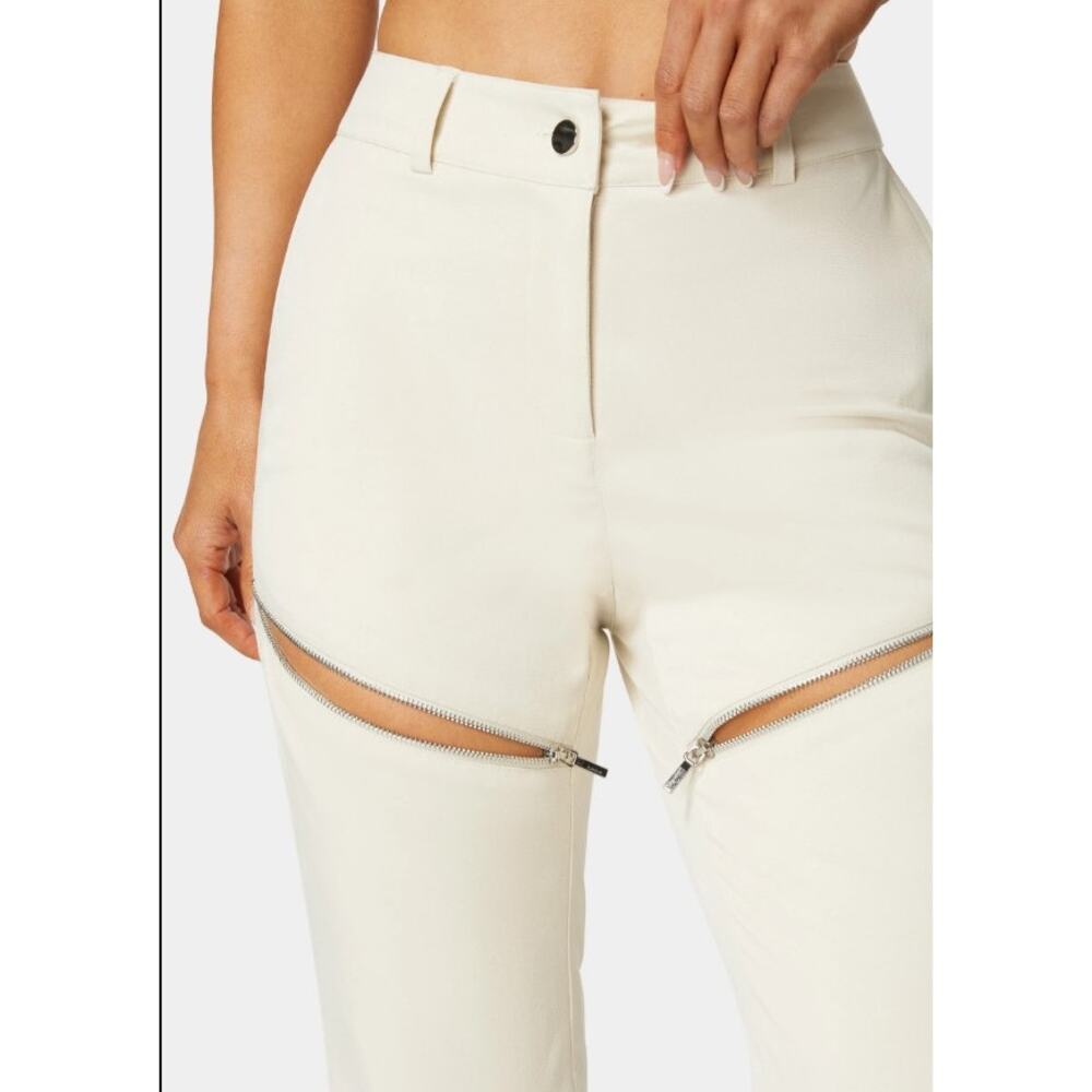 BEBE new Natural Waist Zipper Detail beige cream mini bootcut pants trousers - Picture 6 of 11